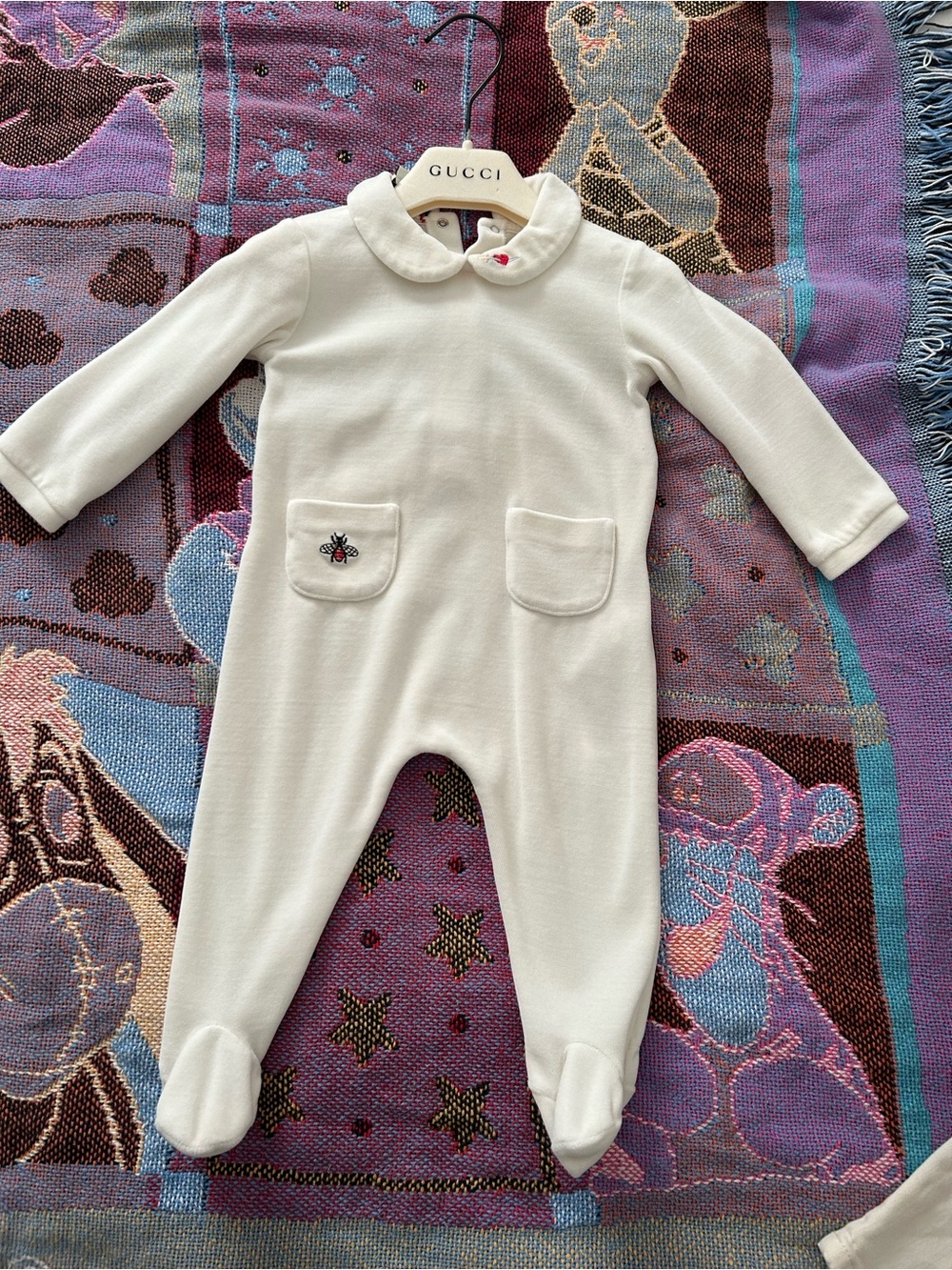Gucci Cream Footed Baby One-Piece with Bee Embroidery